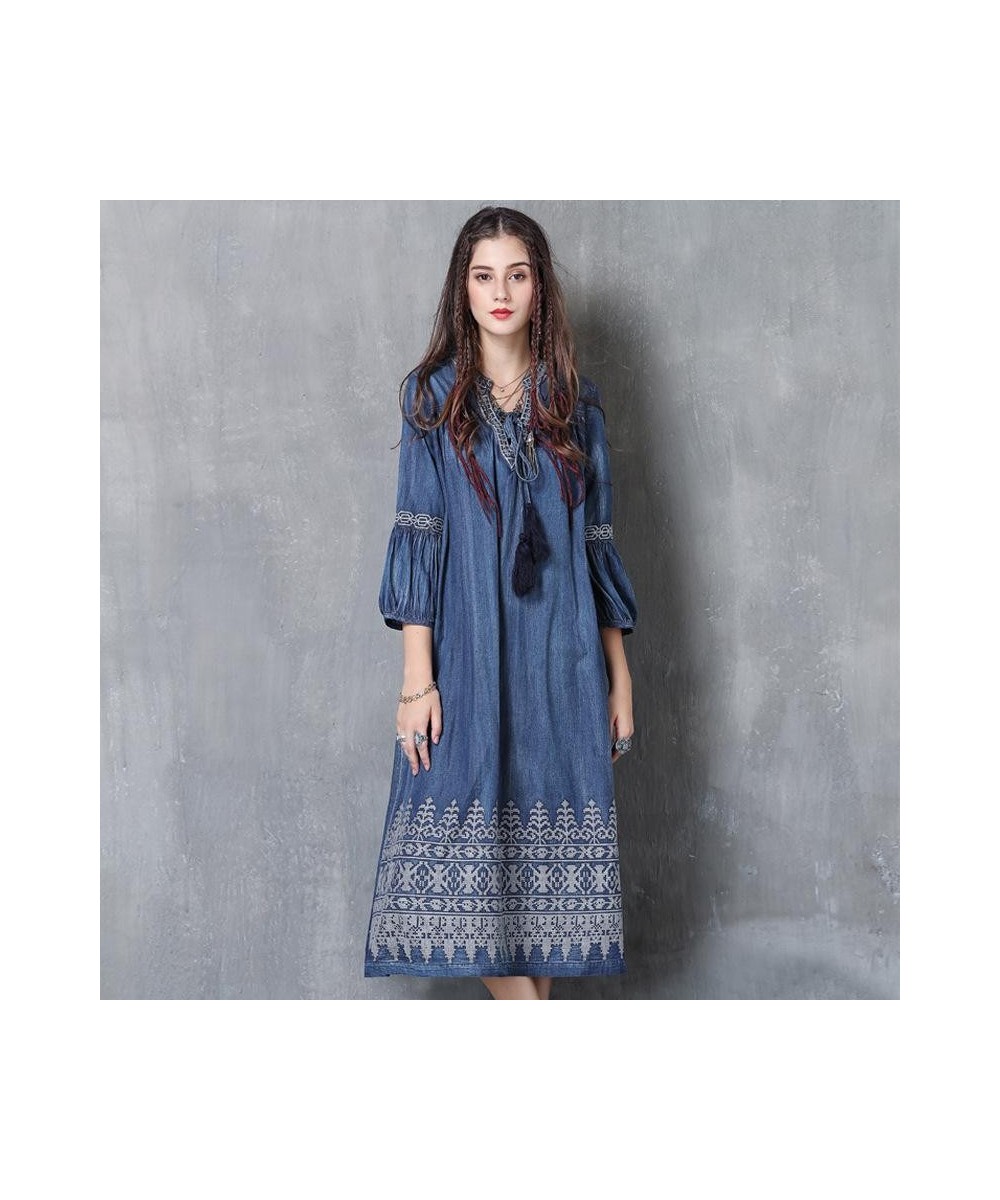 2023 Autumn New Retro Fashion V-neck Embroidery Women Denim Dress Leisure Comfortable Lantern Sleeve Dresses $79.34 - Dresses