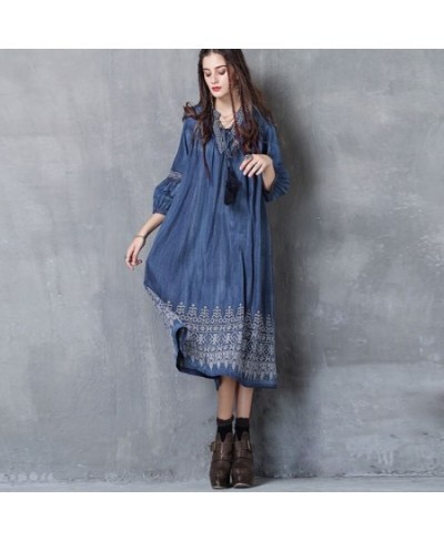 2023 Autumn New Retro Fashion V-neck Embroidery Women Denim Dress Leisure Comfortable Lantern Sleeve Dresses $79.34 - Dresses