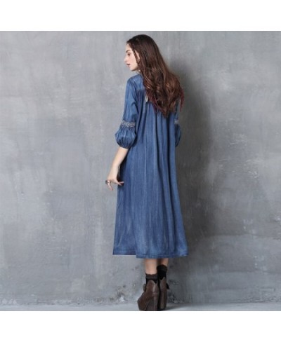 2023 Autumn New Retro Fashion V-neck Embroidery Women Denim Dress Leisure Comfortable Lantern Sleeve Dresses $79.34 - Dresses