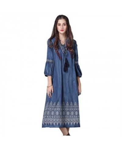 2023 Autumn New Retro Fashion V-neck Embroidery Women Denim Dress Leisure Comfortable Lantern Sleeve Dresses $79.34 - Dresses