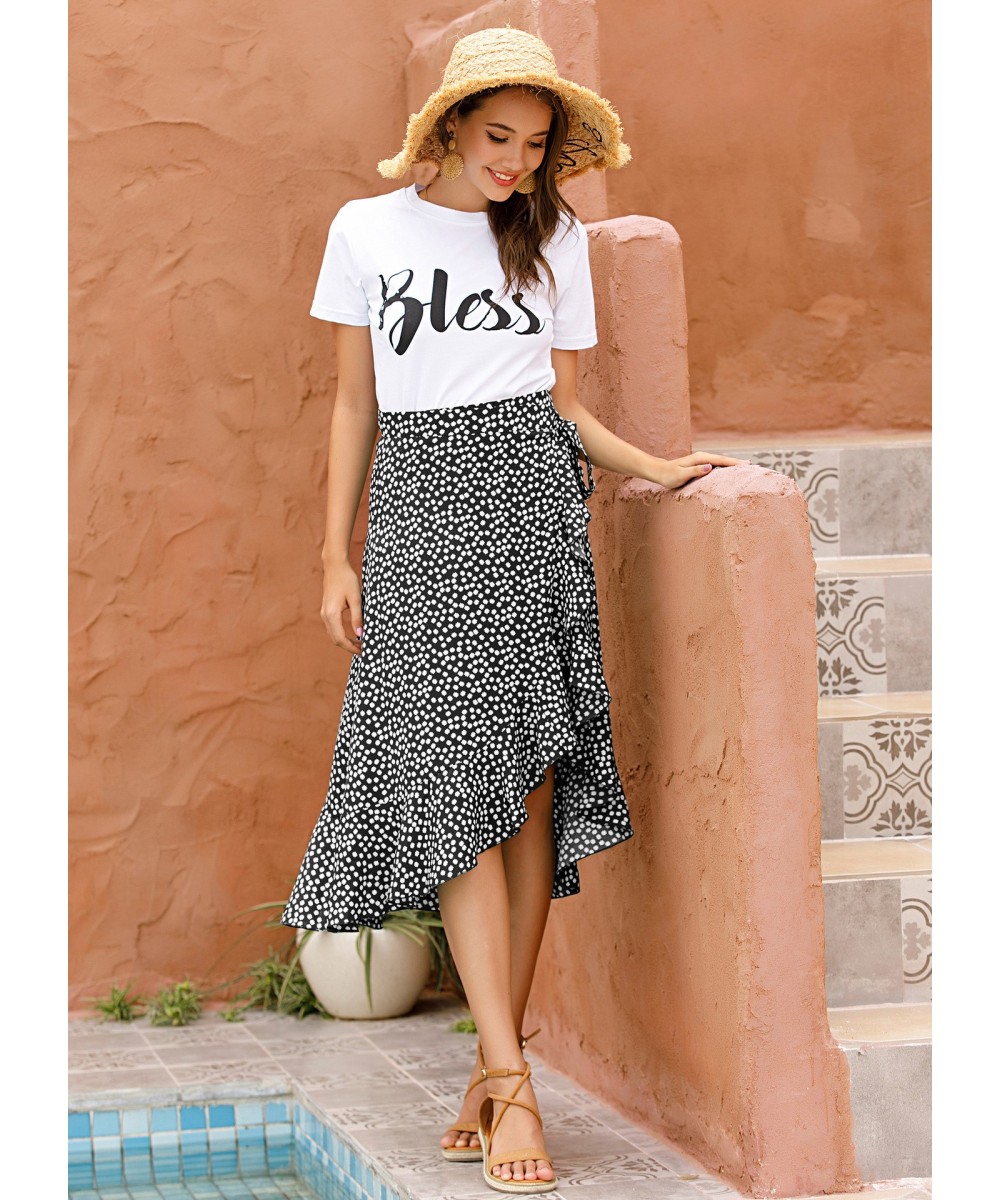 Casual polka dot wrap skirt for women's 2023 spring and summer fashion loose ruffled slit midi skirt ladies beach party skirt...