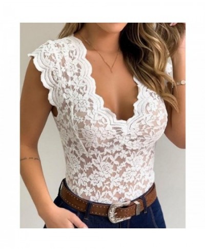 Lace See Through Blouse Women Deep V Neck Transparent Slim Fit Tops Women Mesh Sheer Blouses Female Club Wear Tops S-5XL $21....