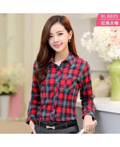 Women's Plaid Brushed Flannel Shirts Single Patch Pocket Slim Long Sleeve Cotton Thick Young Casual Blouse Top Versatile Shir...