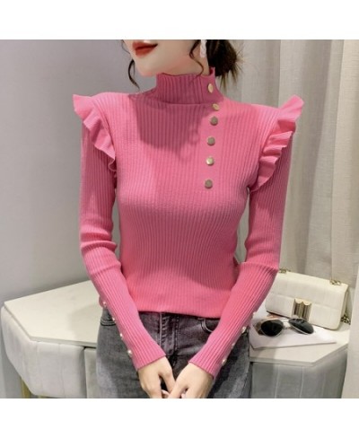 Ruffled Sweater Jumpers Girls Stretchy Chic Ruffles Autumn Winter Sweaters Pullovers Women's Buttons Long Sleeve Knitted Tops...