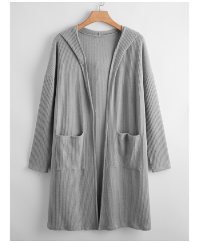 Plus Size Open Front Spring Autumn Hooded Cardigan Long Sleeve Pocket Front Ribbed Knit Loose Duster Coat Jacket Large Size 7...