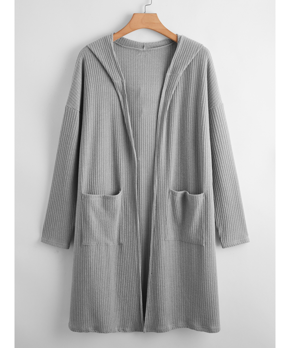 Plus Size Open Front Spring Autumn Hooded Cardigan Long Sleeve Pocket Front Ribbed Knit Loose Duster Coat Jacket Large Size 7...