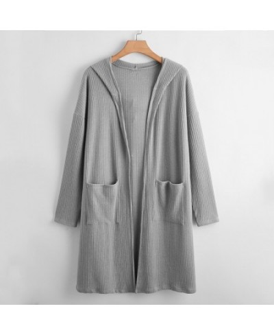 Plus Size Open Front Spring Autumn Hooded Cardigan Long Sleeve Pocket Front Ribbed Knit Loose Duster Coat Jacket Large Size 7...