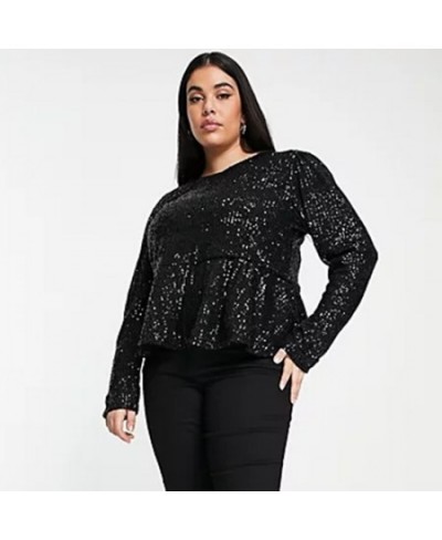 Plus Size Elegant Fashion Summer Spring Sequin Peplum Blouse Women Long Sleeve Solid Black Work Office Top Female Large Size ...