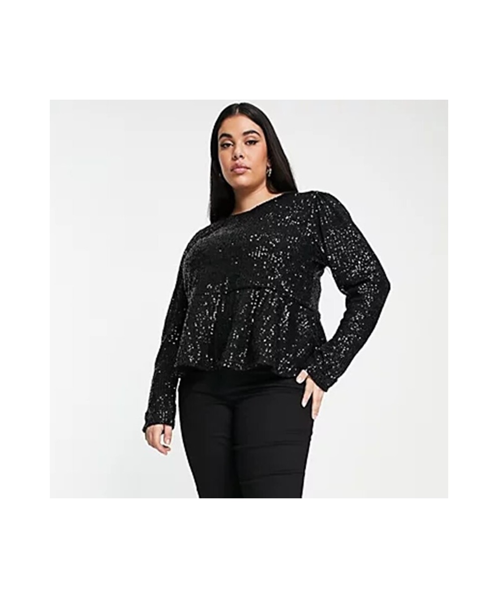 Plus Size Elegant Fashion Summer Spring Sequin Peplum Blouse Women Long Sleeve Solid Black Work Office Top Female Large Size ...