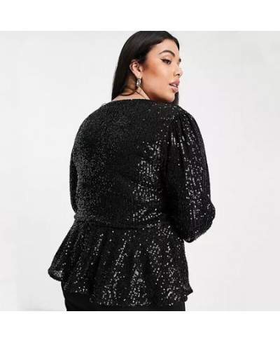 Plus Size Elegant Fashion Summer Spring Sequin Peplum Blouse Women Long Sleeve Solid Black Work Office Top Female Large Size ...