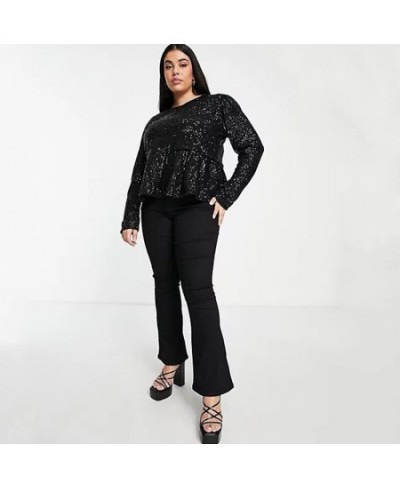 Plus Size Elegant Fashion Summer Spring Sequin Peplum Blouse Women Long Sleeve Solid Black Work Office Top Female Large Size ...