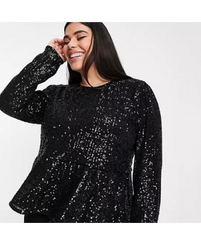 Plus Size Elegant Fashion Summer Spring Sequin Peplum Blouse Women Long Sleeve Solid Black Work Office Top Female Large Size ...