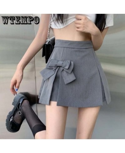 Bow Design High Waist Women A-line Pleated Skirt Grey Suit Skirts Elegant Temperament Sweet Casual Spring Summer Korean Fashi...