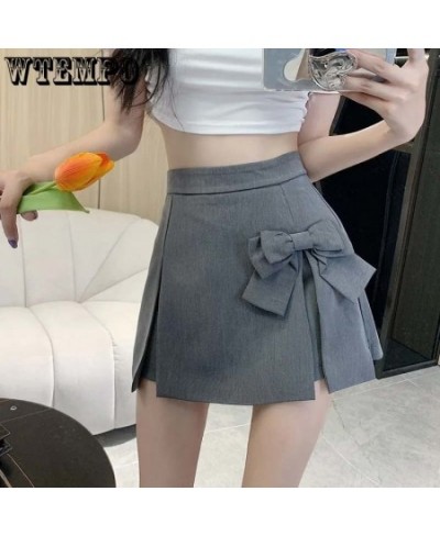 Bow Design High Waist Women A-line Pleated Skirt Grey Suit Skirts Elegant Temperament Sweet Casual Spring Summer Korean Fashi...