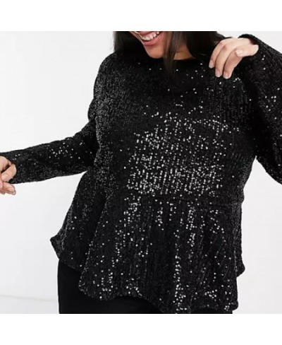 Plus Size Elegant Fashion Summer Spring Sequin Peplum Blouse Women Long Sleeve Solid Black Work Office Top Female Large Size ...