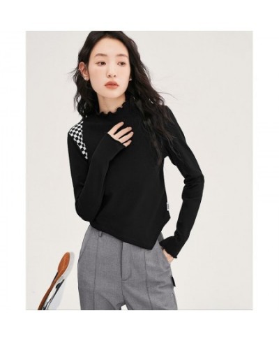 Women Tees 2022 Winter Long Sleeve Petal Collar Elastic Fit Tshirt Black Splices Chessboard Casual Basic All Match Tops $37.5...