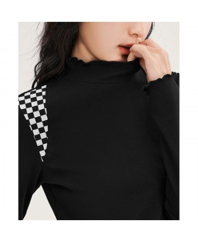 Women Tees 2022 Winter Long Sleeve Petal Collar Elastic Fit Tshirt Black Splices Chessboard Casual Basic All Match Tops $37.5...