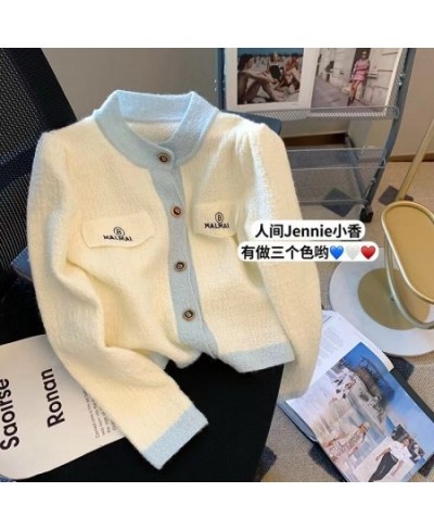 Blue Elegant Contrast Color Knitted Cardigan Sweater Women Korean Fashion Vintage Ladies Jumper Long Sleeve O-neck Female Top...