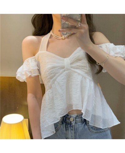 Cropped Shirts Women Summer Sweet Backless Trendy Solid Tender Slash Neck Sexy French Style Leisure All-match Classic Cute Ch...