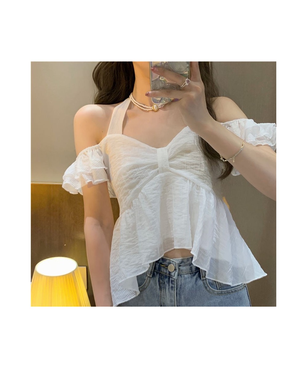 Cropped Shirts Women Summer Sweet Backless Trendy Solid Tender Slash Neck Sexy French Style Leisure All-match Classic Cute Ch...