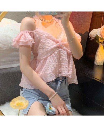 Cropped Shirts Women Summer Sweet Backless Trendy Solid Tender Slash Neck Sexy French Style Leisure All-match Classic Cute Ch...