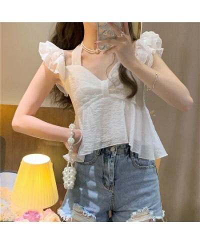 Cropped Shirts Women Summer Sweet Backless Trendy Solid Tender Slash Neck Sexy French Style Leisure All-match Classic Cute Ch...