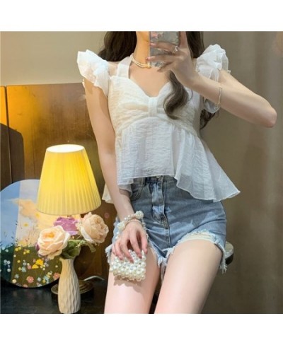 Cropped Shirts Women Summer Sweet Backless Trendy Solid Tender Slash Neck Sexy French Style Leisure All-match Classic Cute Ch...