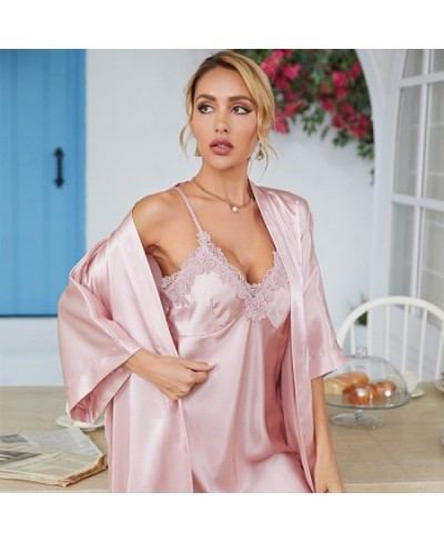 Female Nighty&robe Set Sexy Lace Kimono Bathrobe Gown Suit Summer Women Sleepwear Nightdress Satin Lounge Wear Outfits $40.44...