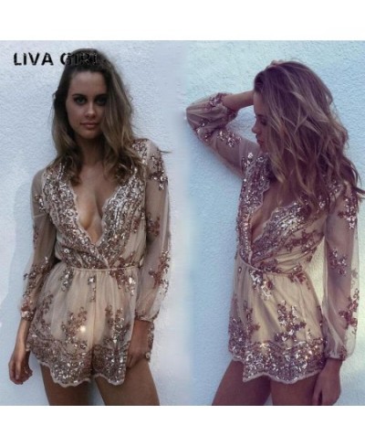 liva girl Deep v sequin playsuit women Tassel short mesh bodysuit summer beach club elegant jumpsuit rompers embroidery leota...