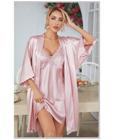 Female Nighty&robe Set Sexy Lace Kimono Bathrobe Gown Suit Summer Women Sleepwear Nightdress Satin Lounge Wear Outfits $40.44...