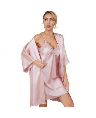 Female Nighty&robe Set Sexy Lace Kimono Bathrobe Gown Suit Summer Women Sleepwear Nightdress Satin Lounge Wear Outfits $40.44...