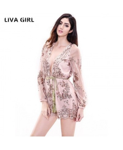 liva girl Deep v sequin playsuit women Tassel short mesh bodysuit summer beach club elegant jumpsuit rompers embroidery leota...