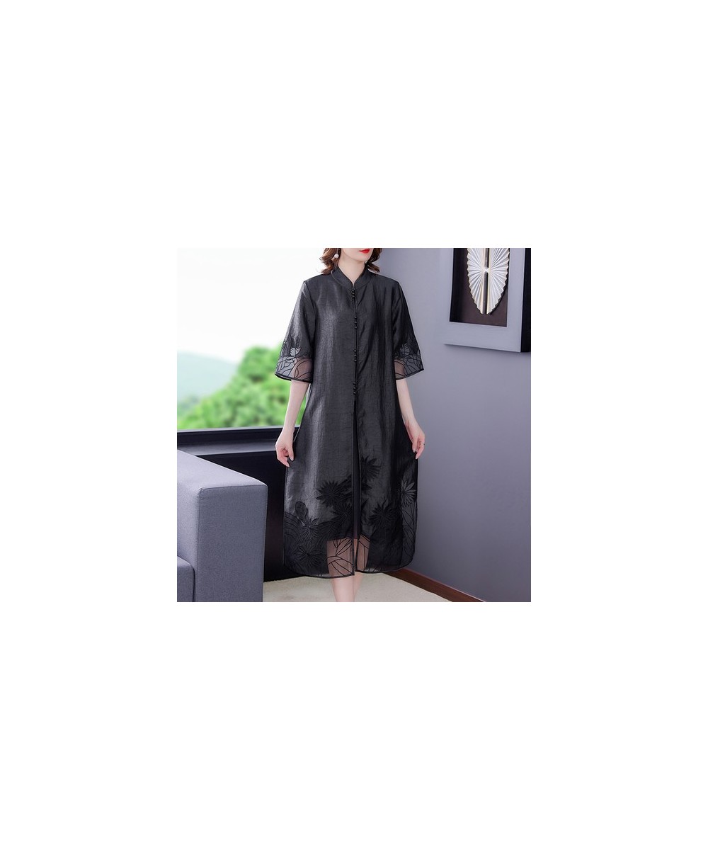 2023 Summer Vintage Black Natural Silk Midi Dress Spring Fashion Casual Elegant Embroidery Dresses Women Bodycon Party Vestid...