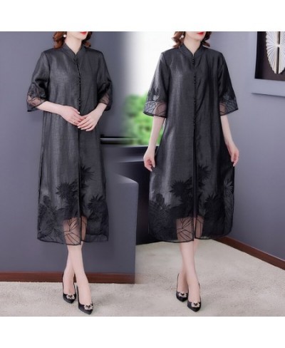 2023 Summer Vintage Black Natural Silk Midi Dress Spring Fashion Casual Elegant Embroidery Dresses Women Bodycon Party Vestid...