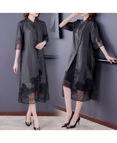 2023 Summer Vintage Black Natural Silk Midi Dress Spring Fashion Casual Elegant Embroidery Dresses Women Bodycon Party Vestid...