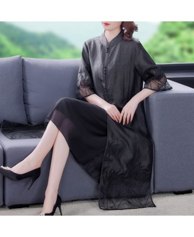 2023 Summer Vintage Black Natural Silk Midi Dress Spring Fashion Casual Elegant Embroidery Dresses Women Bodycon Party Vestid...