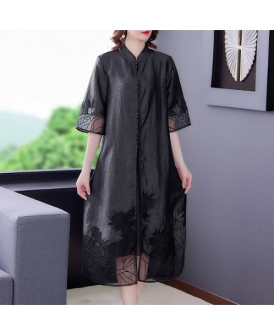 2023 Summer Vintage Black Natural Silk Midi Dress Spring Fashion Casual Elegant Embroidery Dresses Women Bodycon Party Vestid...