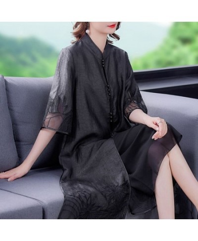 2023 Summer Vintage Black Natural Silk Midi Dress Spring Fashion Casual Elegant Embroidery Dresses Women Bodycon Party Vestid...