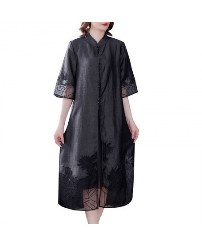 2023 Summer Vintage Black Natural Silk Midi Dress Spring Fashion Casual Elegant Embroidery Dresses Women Bodycon Party Vestid...