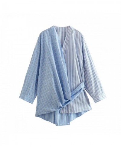 2023 New Spring Wrap Blouse Oversized Stripe Shirt Women Long Sleeves V-neck Belt Blouse Female Chic Lady Elegant Top $38.24 ...