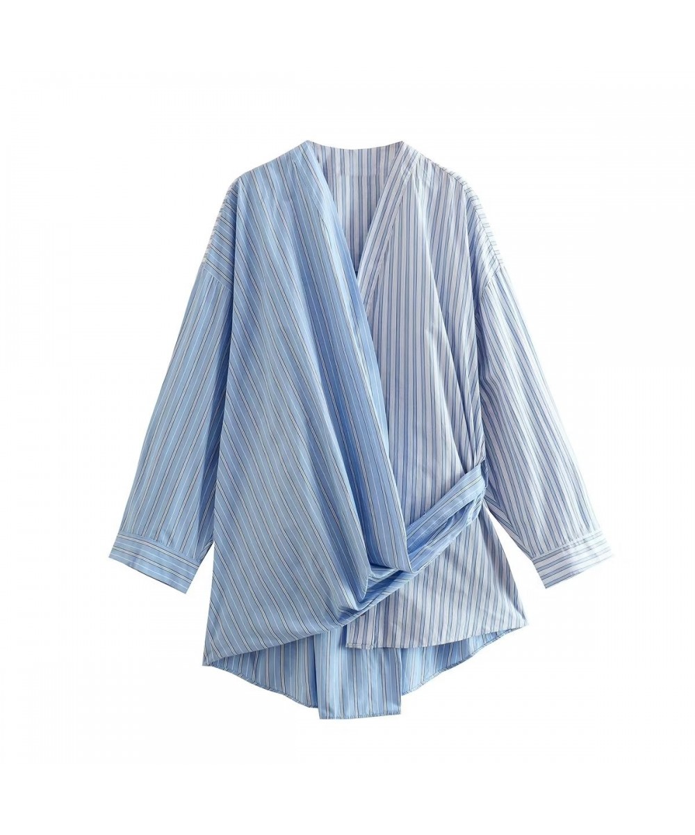 2023 New Spring Wrap Blouse Oversized Stripe Shirt Women Long Sleeves V-neck Belt Blouse Female Chic Lady Elegant Top $38.24 ...