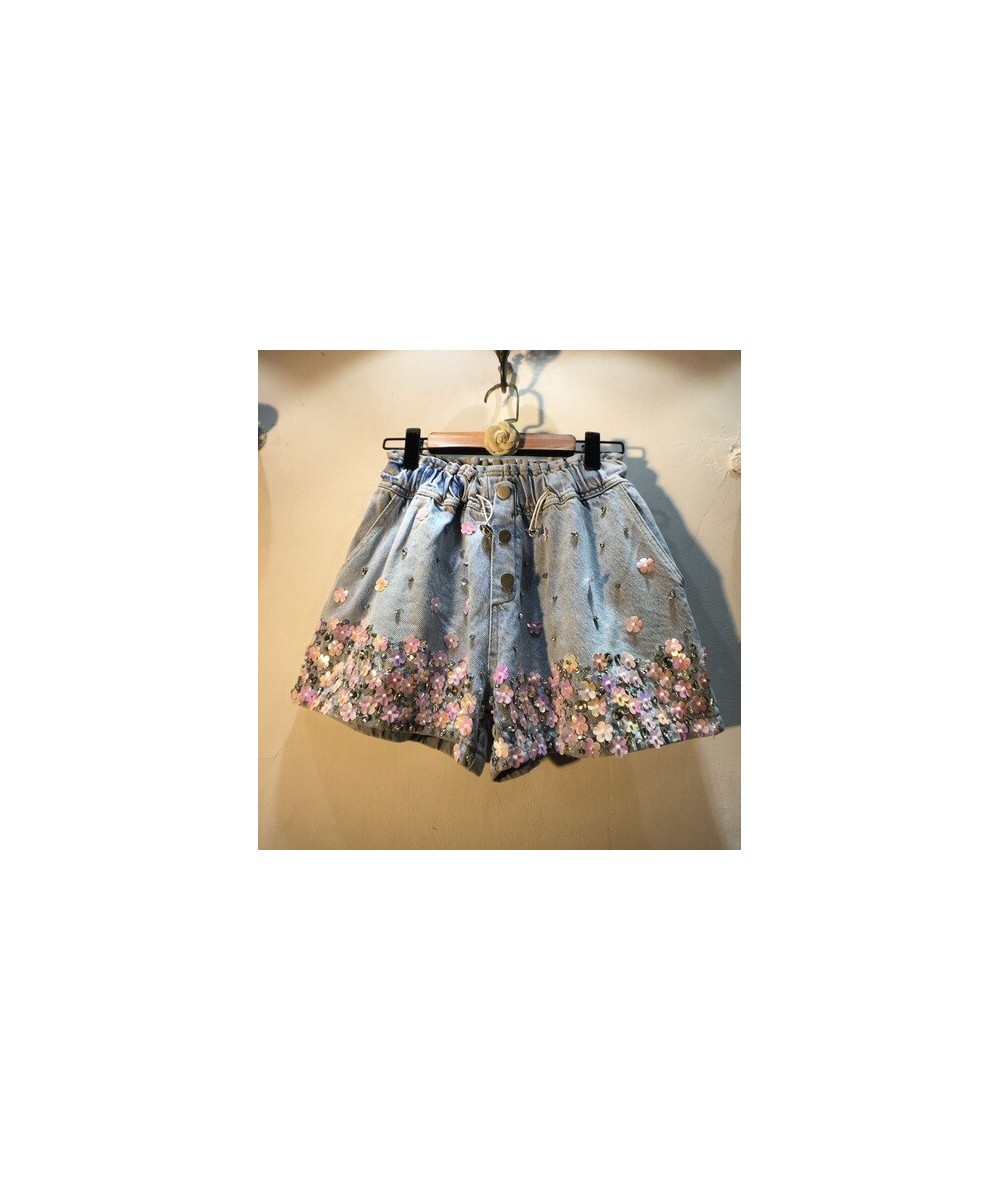 Luxuy 2023 New Spring Summer Women Wide Leg Women Short Jeans Water Drill Beads Sequins Pink Flowers Casual Loose Denim Short...