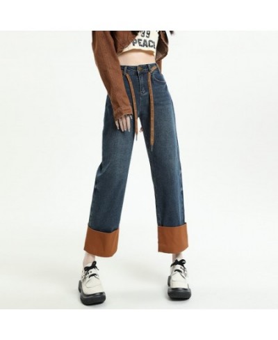 Color Contrast High Waist American Ninth Jeans Women' Spring Autumn Street Style Casual Flanging Straight Denim Pants Female ...