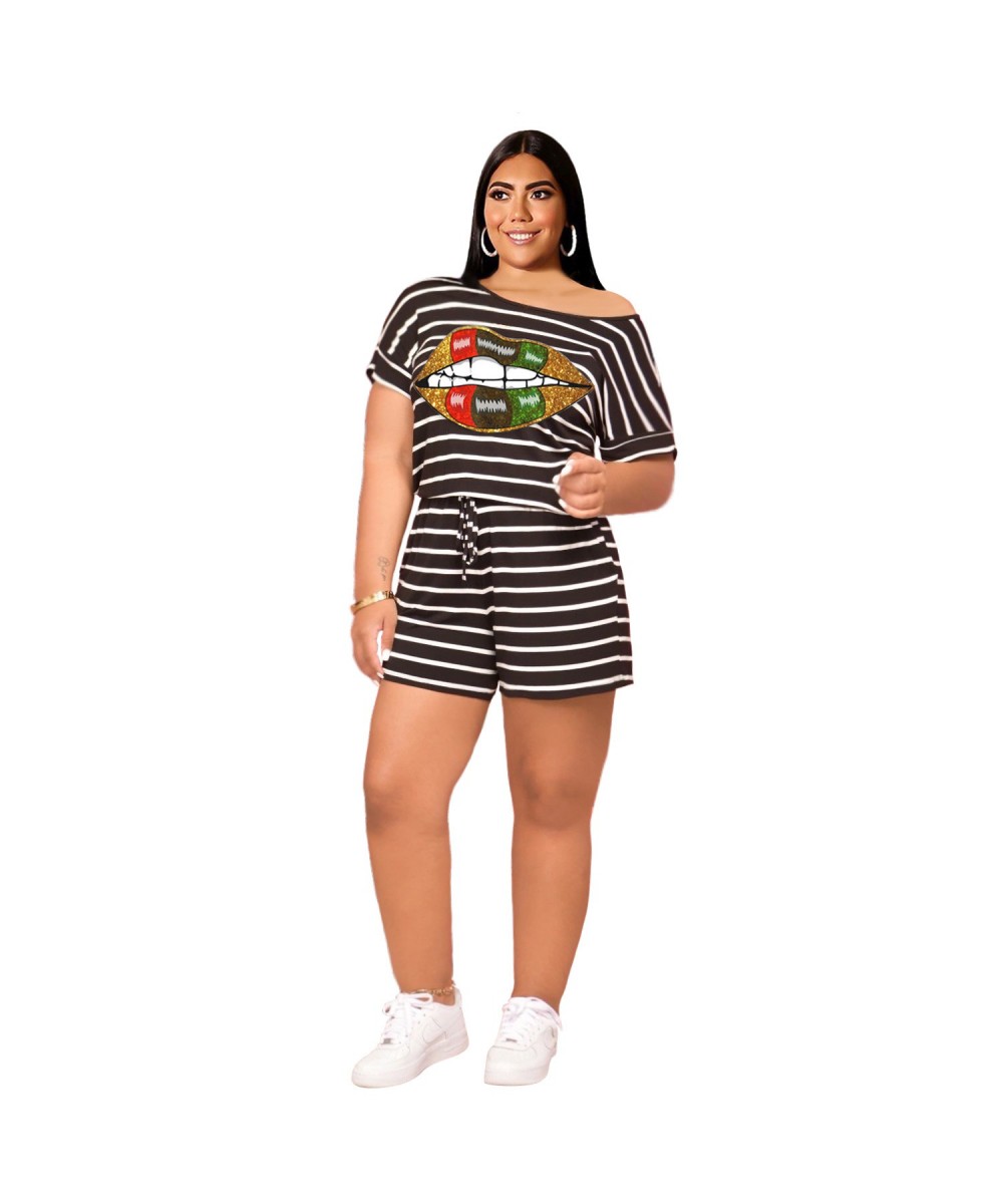 Women's Clothing Plus Size Sets 2023 Autumn Urban Fashion Lips Classic Stripes Oblique Shoulder Casual Home Two-Piece Suit $3...