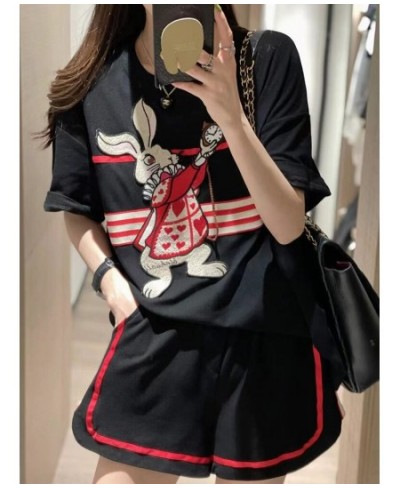 Summer Vintage Embroidered T-Shirts And Shorts conjunto feminino shorts e blusa 2023 Loose Cartoon Tops Two Piece Set For Wom...