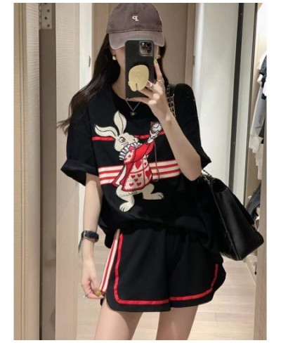 Summer Vintage Embroidered T-Shirts And Shorts conjunto feminino shorts e blusa 2023 Loose Cartoon Tops Two Piece Set For Wom...