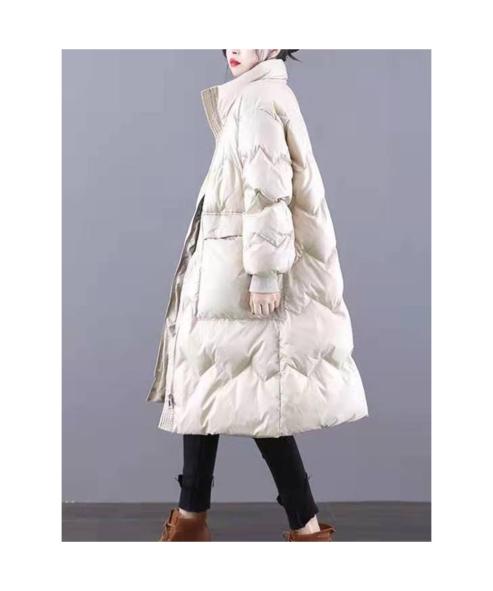 Autumn Winter Women Stand Collar Thick Warm Long White Duck Down Parka Casual Female Zipper Pocket Down Coat Outwear $99.88 -...