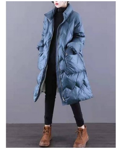 Autumn Winter Women Stand Collar Thick Warm Long White Duck Down Parka Casual Female Zipper Pocket Down Coat Outwear $99.88 -...