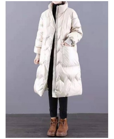 Autumn Winter Women Stand Collar Thick Warm Long White Duck Down Parka Casual Female Zipper Pocket Down Coat Outwear $99.88 -...