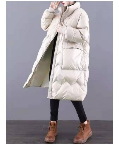 Autumn Winter Women Stand Collar Thick Warm Long White Duck Down Parka Casual Female Zipper Pocket Down Coat Outwear $99.88 -...